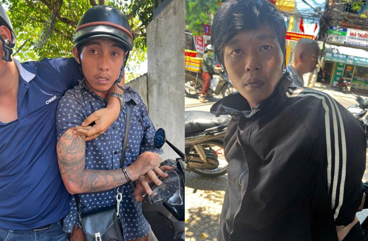 Hai đối tượng Nguyễn Anh Hùng (trái) và Dương Trung Nghĩa bị bắt giữ cùng tang vật vụ trộm.